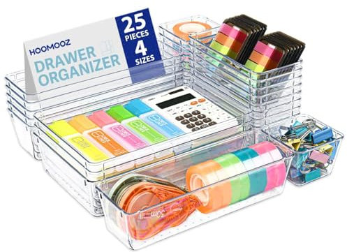 HOOMOOZ 25 Stück Schubladen Organizer aus Klarem Kunststoff, Schminktisch Ordnungssystem mit 4 Größen, Make Up Organizer Kommode Aufbewahrungsboxen Trennbox für Schlafzimmer Bad Büro Gadgets