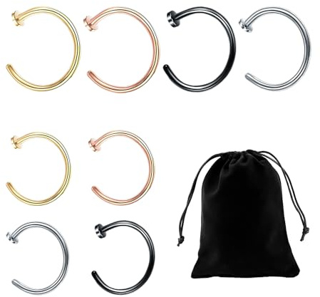 NyxSeat Lot de 8 anneaux de nez en acier inoxydable pour lèvre et nez, anneau nasolabial faux, adapté aux hommes et aux femmes (8 mm/10 mm)