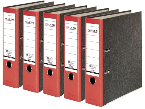 FALKEN 5x Recycling-Ordner 8 cm breit DIN A4 roter Rücken | Made in Germany Papierbezug im Wolkenmarmor-Design Blauer Engel