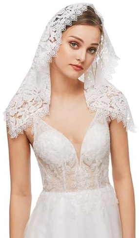 RUNRAYAY Mujeres católicas velo de misa, flores bordadas de estilo español cubierta de cabeza triangular velo de la iglesia, blanco