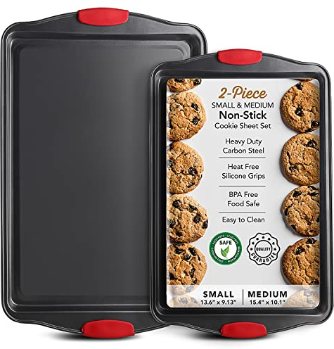 Baking Sheet Set, 2-Piece Cookie Sheet Set with Silicone Handles, Steel Baking Pan, Durable Baking Sheets for Oven, BPA Free Cookie Sheets for Baking Nonstick Set, Premium Sheet Pan, Black Baking Tray