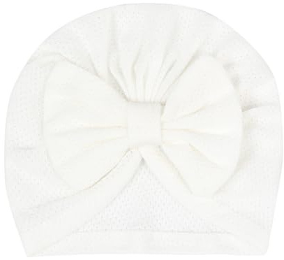 Aublinto Baby weiche Turbanmützen Neugeborenes Baumwolle Mütze Babymütze Niedlichen Bogen Baumwolle Beanie Hut Unisex Kleinkind Turban Hut für Baby 0-3 Monate Weiß