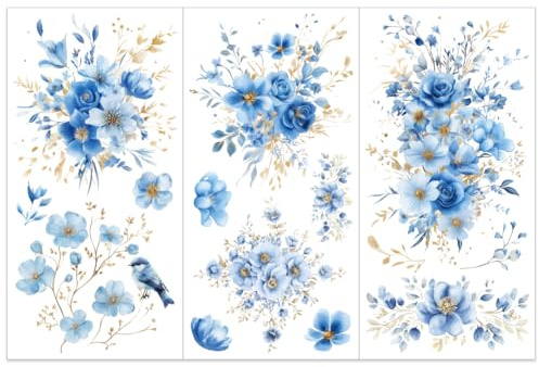 OLYCRAFT 3 Stück/Set Blumen Abziehbilder Aus Blauer Und Goldener Folie Für Möbel Und Kunsthandwerk 15x30cm Möbelaufkleber Mit Blauen Blumen Und Blumenmotiven Transferaufkleber Zum Aufreiben