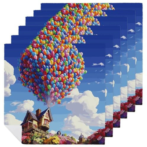 Stoffservietten, 6 Stück, 47 x 47 cm, bedruckt, waschbar, Polyester-Servietten, bunt, Ballon und Haus, für Weihnachten, Thanksgiving, Hochzeiten