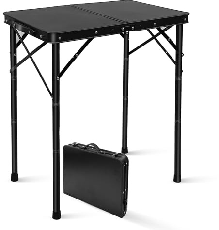 ALZEROOE Folding Camping Table, Pure Black 2ft Picnic Table Metal Legs MDF Tabletop, Small Outdoor Table Adjustable Height, Lightweight, Portable Handle for Travel Cooking