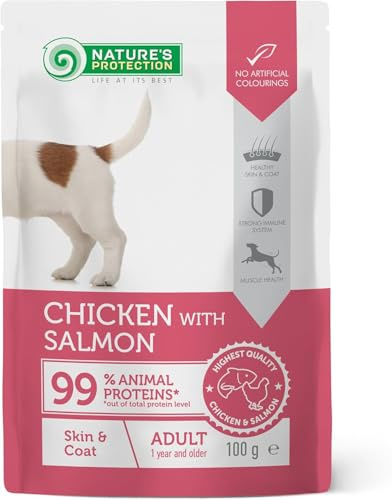 Nature’s Protection Nassfutter für Hunde, Huhn & Lachs, 22 x 100 g | Getreidefrei und hypoallergen, mit Omega-3 und -6 sowie Vitaminen A, D3 und E, für Haut, Fell und sensible Verdauung