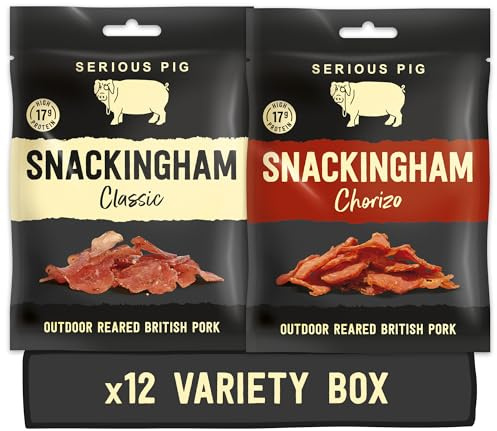Serious Pig Snackingham - Cured British Pork Variety Pack, Classic and Chorizo Flavours High Protein 12 Pack (35g)