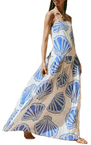 Vestito lungo da donna con stampa floreale boho Y2k, senza maniche, con spalline sottili, a linea, per le vacanze da spiaggia