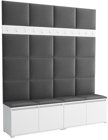Brent - Garderobenschrank Flur Weiß mit sitzbank 200 cm Breit Luton 2 - Multifunktionale Flurgarderobe Set mit Stauraum und Wandpaneel, Garderobe mit Sitzfläche und Kleiderhaken