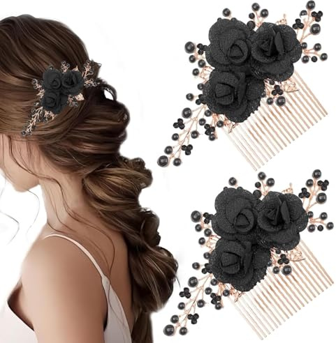Xiaohui887 2 Stück Haarkamm, mit Blumen, Schwarz, für Hochzeit, Seitenkamm, Blume, Rosa, Schwarz, Strass, Perle, Kopfstück, Vintage, Dekoration, Mädchen, Damen, Haar-Accessoires