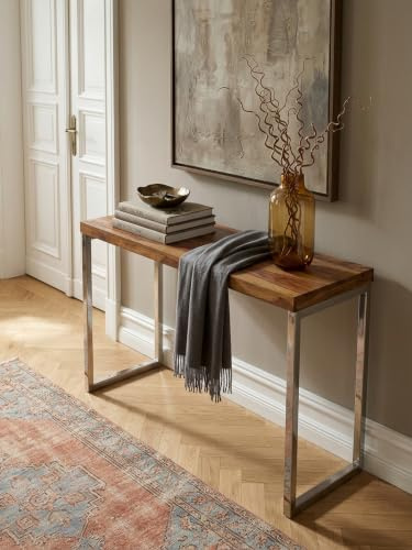 KADIMA DESIGN Konsolentisch Guna Massivholz Sheesham Konsole mit Metallbeinen Schreibtisch 120x45 cm Landhaus-Stil Sideboard Modern Massiv Echt-Holz Natur Anrichte PC-Tisch Sekretär