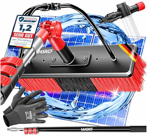 MASKO® Teleskop Waschbürste mit Wasseranschluss 5,4m Reinigungsbürste mit Teleskopstiel Ausziehbar | Teleskopbesen | Fenster & PV-Anlagen-Reinigung | Weiche Borsten Inkl. Seifenspender & Handschuhe