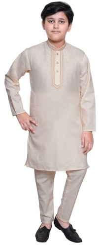 Desi Sarees Boys Cotton Cream Neck Embroidered Kurta With Trouser Pant 994