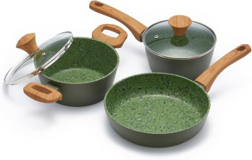 Jovire Green anti-stick-set: gryta 15 cm, stekpanna 21,5 cm och gryta med lock 18 cm - keramisk kombination med trähandtag, lämplig för alla typer av spisar, utan PFOA.