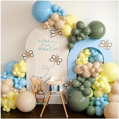 Décoration de fête prénatale, 150 pièces, vert sauge, bleu clair, jaune pastel et crème, ballons multi-tailles pour décoration de fête d'anniversaire sur le thème de l'ours ou du lapin