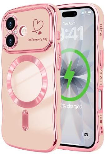 LCHULLE per iPhone 17 Cover Magnetica Cuore Ondulata,Rosa | Compatibile con Magsafe, Cuore forma di ricciolo ondulato, Protezione Fotocamera galvanizzato Custodia