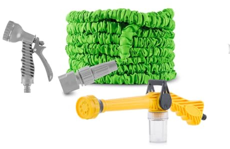 InnovaGoods Tubo da giardino estensibile 15 m con 2 pistole 7 e 8 getti con serbatoio rimovibile da 100 ml per sapone, borsa da trasporto, adattatori 1/2 e 3/4, ideale per irrigazione giardino e