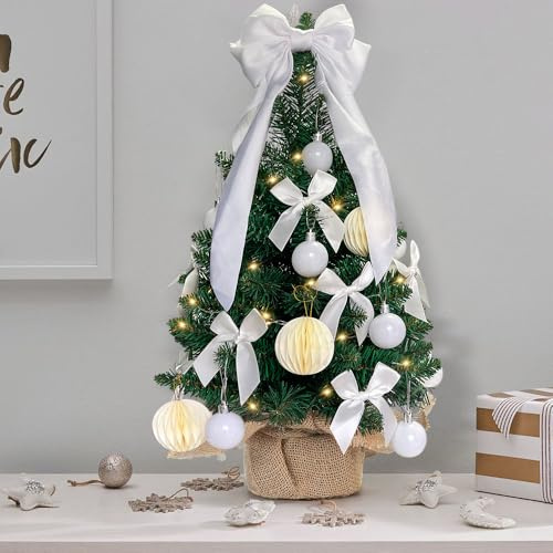 Weihnachtsbaum Klein 60cm, Weihnachtsbaum mit Beleuchtung, Mini Weihnachtsbaum Tisch mit Schleifen, Weihnachtsbaumkugeln und Beleuchtung, Tannenbaum Künstlich Klein, Christmas Tree (White)