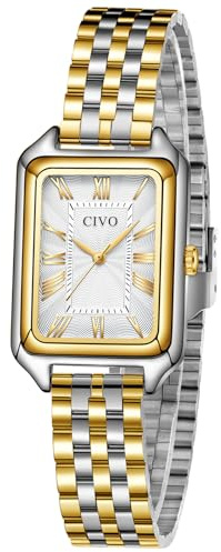 CIVO Gold Armbanduhr Damen Vintage: Rechteckiges Gehäuse Römischen Ziffern | Elegante Analog Großes Ziffernblatt Damenuhr Edelstahl für Alltag Arbeit - Geschenk für Ehefrau Mutter Jahrestage Feiertage