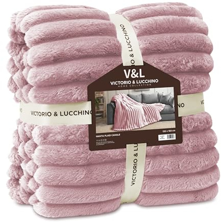 Victorio & Lucchino V&L Manta Canale Extra-Suave 450g para Sofá o para Cama. Cálida con Reverso sin Borrego. Transpirable para Invierno (80528-ROSA, 130X160cm)