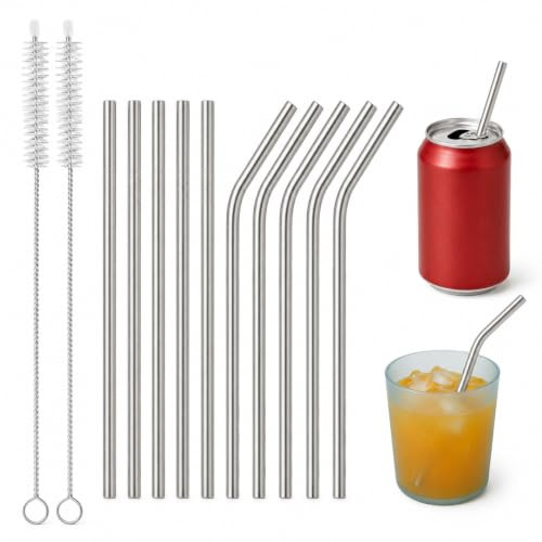10pcs Metal Straws,Stainless Steel Reusable Straws, 5.9-inch 5-Straight+5-Bend Steel Straws with 2 Straw Cleaners,for Milkshakes, Coffee, Milk, Beverages,and Cocktail
