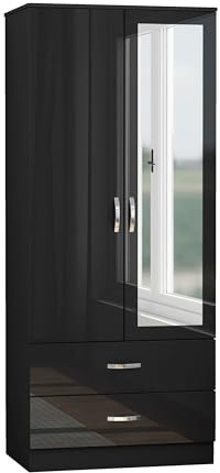 Nera Gloss 2 Door Wardrobe with Mirror n Drawer 180cm for Bedroom Storage, Gloss Black(Matt Black)