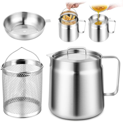 2L Deep Fat Fryer with Basket & Strainer | 304 Stainless Steel Oil Filter Pot, Large Capacity Deep Fryer Pot, Bacon Grease Container For Kitchen, Frying and Cooking