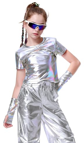 LOLANTA Top Metálico Camisa Danza Niña Jazz Moderno Hip-Hop Discoteca Top Brillante para Baile con Mangas Metálicas, Plata Láser, 8-9 años, 140