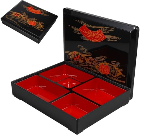 HOMSFOU Fiambrera Bento Mediana Japonesa 5 Compartimentos Apilables, Caja de Almuerzo para Sushi y Comidas, Tapa Diseño de Madera Negra, Adecuado para Oficina, Escuela y Viajes