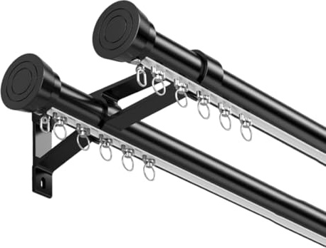 Premium kraftig dubbel gardinstång set – 240 cm svart burspråksgardinstång med aluminiumfästen och komplett beslagssats för snygg heminredning