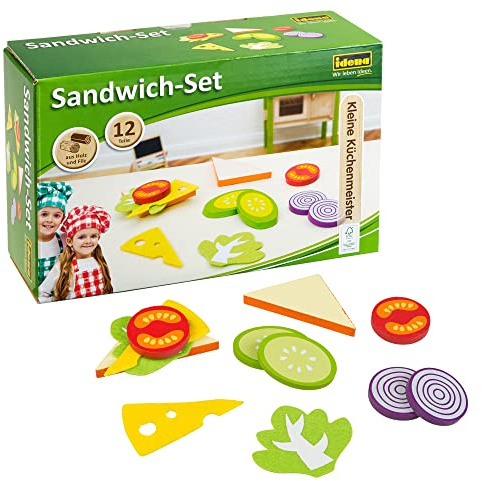 Idena 4100105 - Gioco di Imitazione, Set di stoviglie e Accessori per Cucinare Sandwich, in Legno e Feltro, 12 pz., ca. 15 x 10 x 4 cm