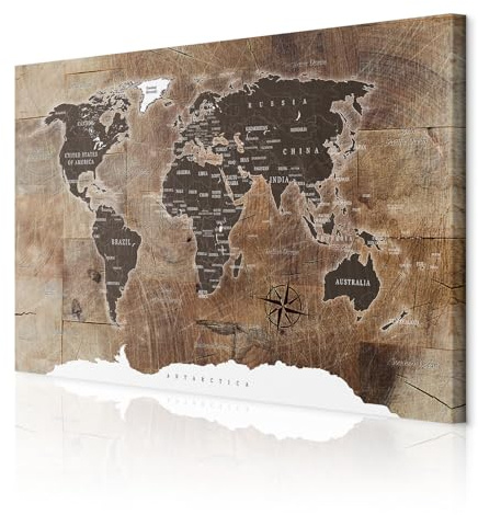 decomonkey Wandbilder Weltkarte 90x60 cm XXL 1 Teilig Leinwandbilder Holz | Bild auf Leinwand, Kunstdruck, Wanddeko, Wohnzimmer, Wanddekoration, Welt Karte, Landkarte, Kontinente