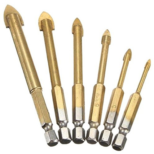NUZAMAS Lot de 6 forets à verre revêtus de titane avec tige hexagonale de 6,35 mm pour céramique, carrelage, marbre, miroir et verre, 4 mm, 5 mm, 6 mm, 8 mm, 10 mm, 12 mm