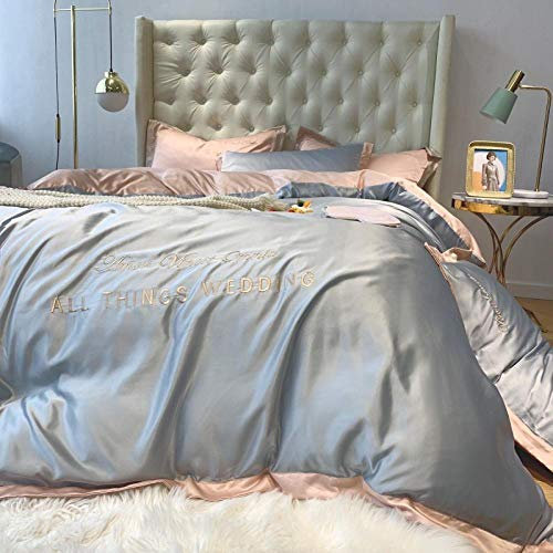 Bettdeckenbezug ,Sommer Seide Bett vierteilige Eis Seide seidig nordischen Stil nackt Schlaftuch Bettbezug 4 dreiteilige Set-Silber grau_1,5 m Bett (Bettbezug 200 * 230 cm Bettwäsche 245 * 250 cm) vi