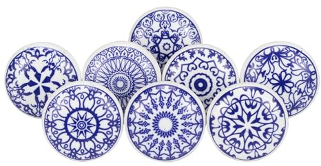 ETHNICITI 8 x Round Blue & White Handmade Geometric Ceramic Door Knobs Cupboards Drawers Cabinets Wardrobe Assorted Vintage Shabby Chic Kitchen Bedroom Living Room Furniture Dressers Pulls Handles