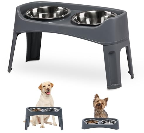 Iris Ohyama, Gamelle pour Chien, Support Gamelle Chien Surelevee, Double Bol INOX, Lot de 2, Hauteur Réglable, Anti Eclaboussure, Pliable, Digestion Fluide, pour Chat, Croquette, Eau, PEF-L, Gris