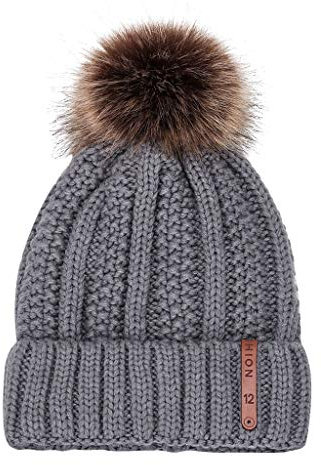 Unbekannt Wollmütze Mit Kaschmir Winter Wärme Beanie Mütze Damen Mütze Gefüttert Fell-Bommel Kunstfell Wintermütze Bommelmütze Grobstrick Mädchen Bommel-Mütze/warm