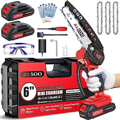 Mini Chainsaw Cordless, 6 Inch Handheld Chain Saw Battery Powered with 2 Rechargeable Batteries and 3 Chains, Portable Small Electric Tree Trimmer for Wood Cutting, Pruning, Courtyard and Household