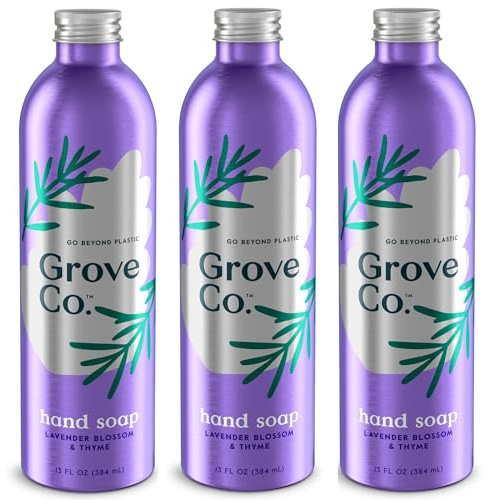 Grove Co. Hydrating Gel Hand Soap Refills (3 x 13 Fl Oz) Plastic-Free Liquid Hands Cleaner Refill Set, Leaves Hands Soft and Clean, 100% Natural Lavender Blossom & Thyme Fragrance