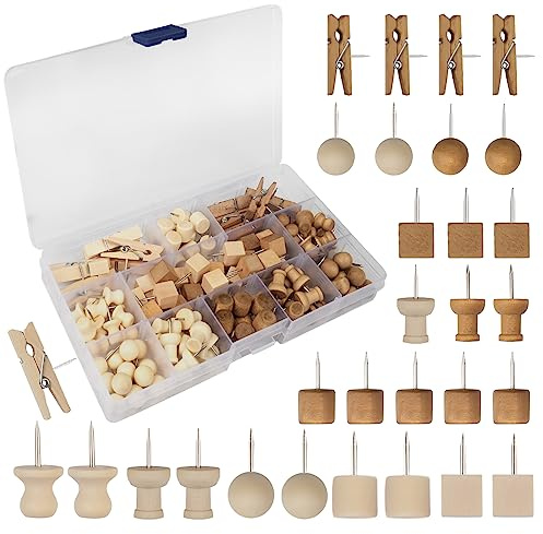 133pcs Holz Pinnadeln, Pinnwandnadeln mit Aufbewahrungsbox,Reißnägel Clip