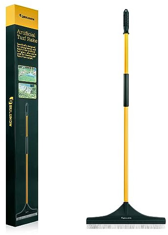 Bulunow Rastrillo de césped artificial, poste de 139.7 cm de largo, diseño sin roturas, rastrillo de escoba de mano de jardín para quitar fácilmente hojas, desechos, arbustos, pelos de mascotas... de