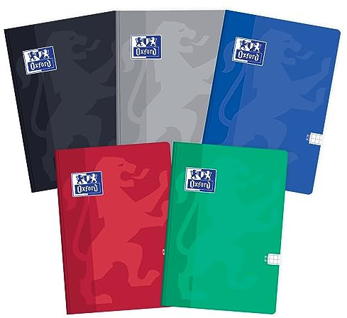 Oxford Notizbuch A5, 96 Blätter, kariert, 5 Stück-Packung, Farbenmix