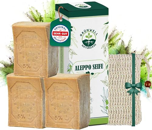 Grünwell Naturoase Aleppo Seife original 95% Olivenöl 5% Lorbeeröl ca. 600 gr/Olivenölseife Natürliche Pflege für Gesicht und Körper | Haarseife olivenöl seife | aleppo soap | original aleppo seife