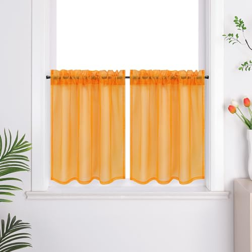 Joyswahl Voile Scheibengardine Küche »Ilia« Bistrogardine 2er Set Küche Gardinen Transparent Küchengardinen Uni Kurzstores Orange BxH 66x61cm 2 Stück