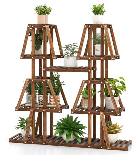 HOMASIS Support à fleurs à 5 niveaux en bois de pin avec 10 étagères, étagère à plantes trapézoïdale, escalier pour plantes, balcon, jardin, terrasse, 113 x 27 x 114 cm, marron