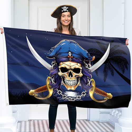 Drapeau de pirate 90x150 cm avec œillets - Grand drapeau Jolly Roger pour enfants - Impression numérique vivante - Double couture
