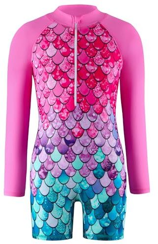 NIUAOAO Girls Swimming Costumes Mermaid Swimsuit Gilrs All in One Swimming Costume Long Sleeve Zipper Beach Bathing Swimwear for 3-12 Years