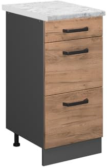 Vicco Schubladenschrank R-Line, Schubladenschrank für die Küche, Goldkraft Eiche, 40 cm AP Marmor