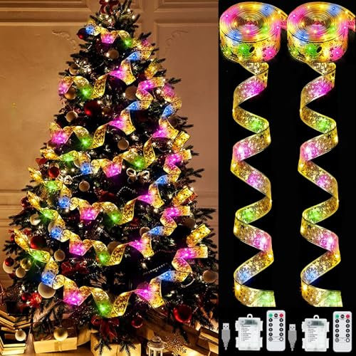 YeahBoom 2PCS Guirlandes Lumineuses à Ruban Brillant, 2×6M 60 LEDs, Ruban Sapin Noël LED, Guirlande Décorative Nouvel An, Arc en Dentelle DIY à Piles