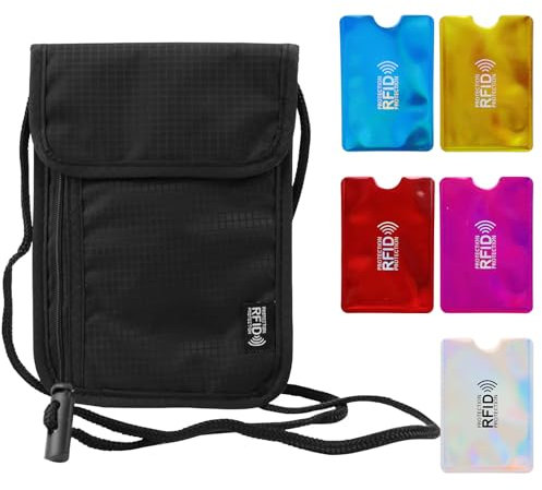 Brustbeutel mit RFID Schutz Brusttasche Reisegeldbeutel Unisex Wasserdicht Umhängebeutel mit 5 Scheckkartenhülle für Passport Smartphone und Reise Dokumente